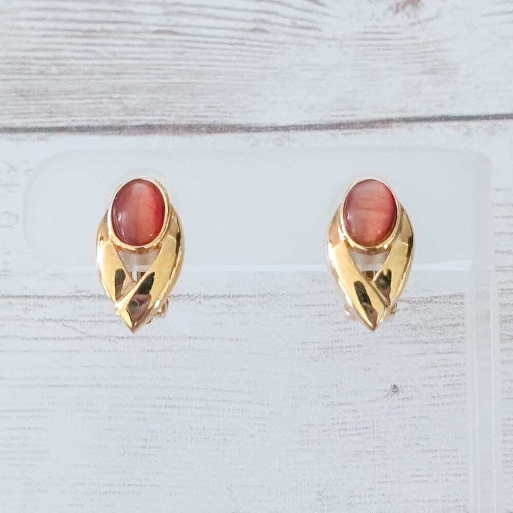 Vintage Clip On Earrings Stylish Orange & Gold Tone